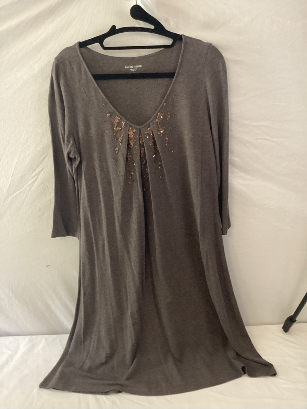 Eileen Fisher Gray V-Neck Dress with Copper Colored Beads Size S